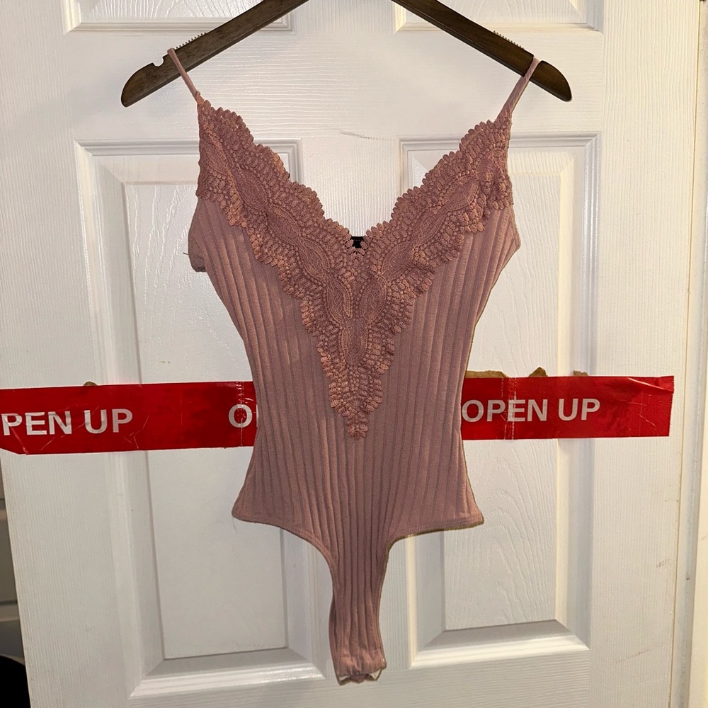 Lace Ribbed Cami Bodysuit Coral Pink